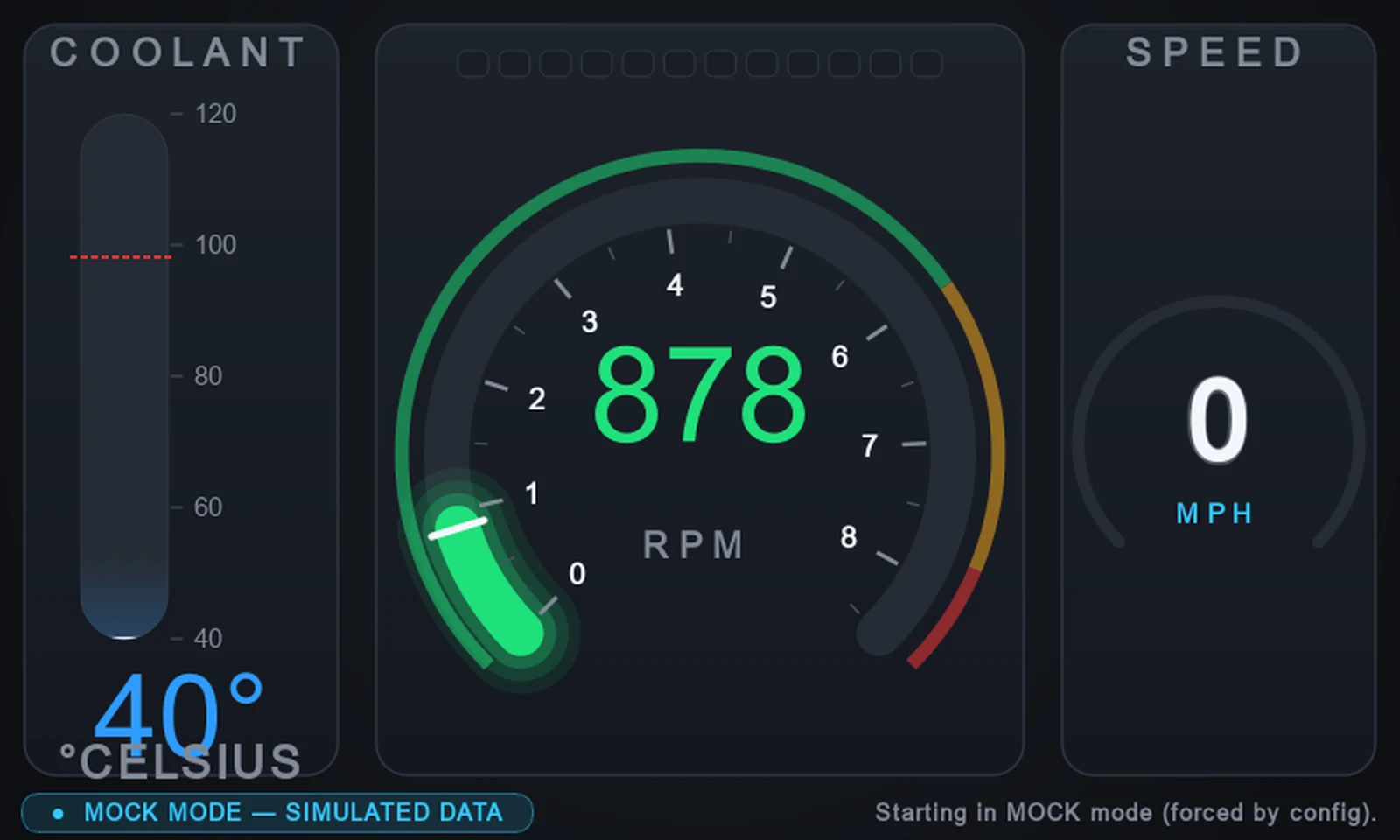 Dashboard running in mock mode with the tachometer sweeping through the amber power band