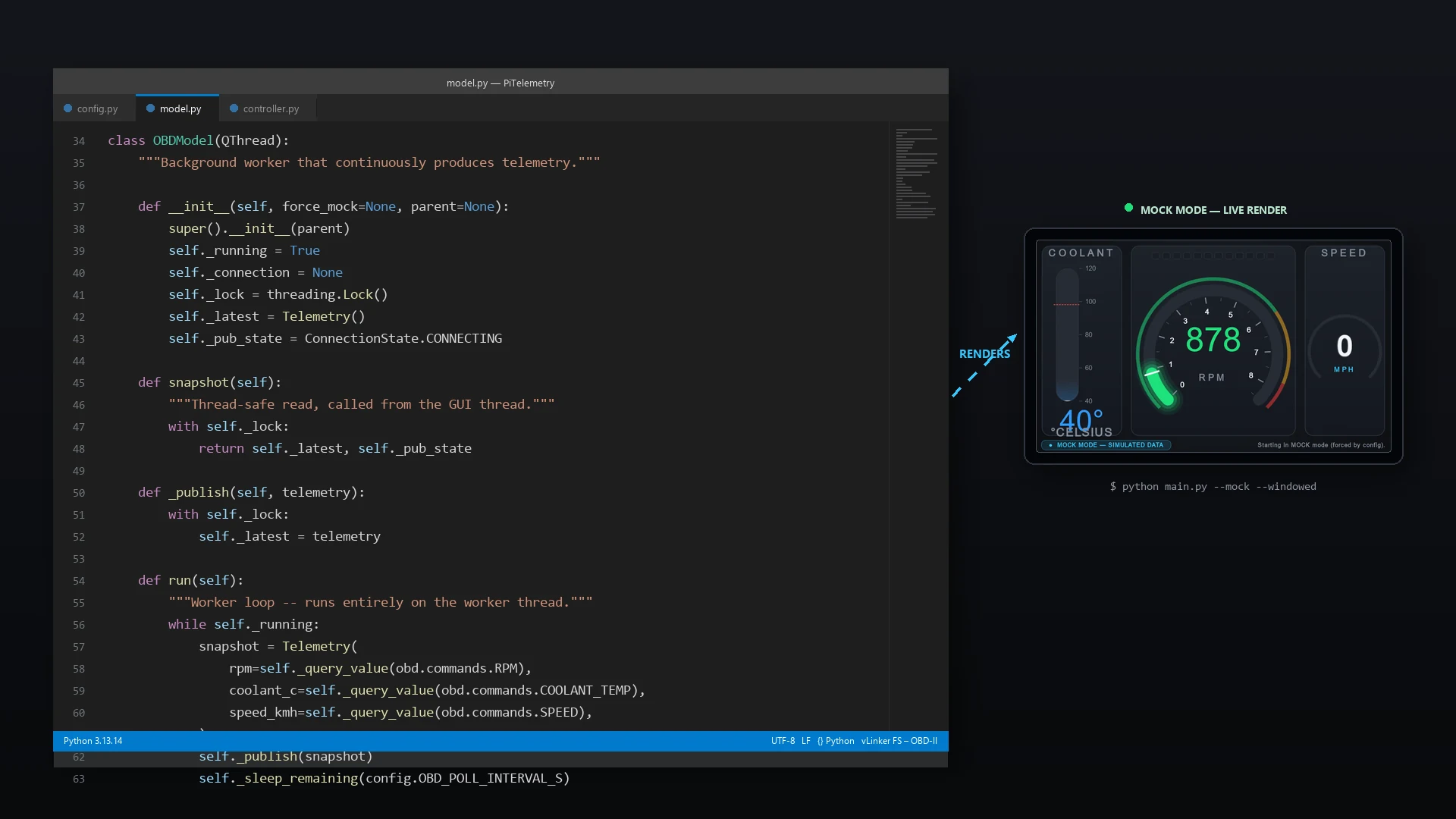 VS Code editor showing the dashboard model.py source alongside the running Lotus Elise digital dashboard in mock mode